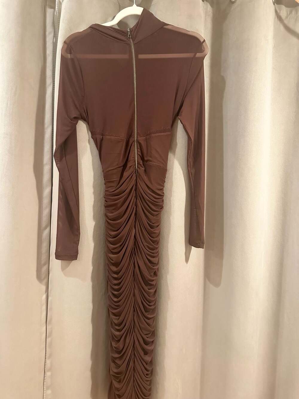 Bardot Brown Mesh Ruched Long Sleeve Midi Dress Size L - Picture 4 of 8